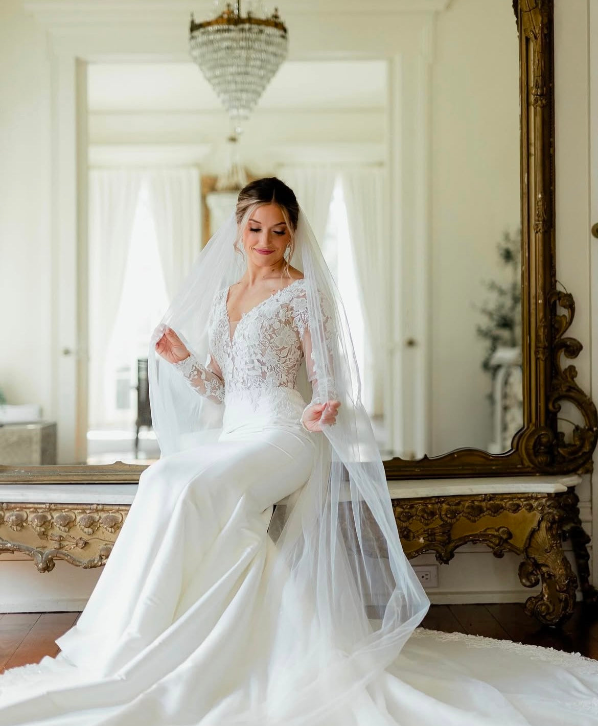 Trixie - long sleeve slim fit wedding dress with mikado bottom and lace insert in the train Trixie - long sleeve slim fit wedding dress with mikado bottom and lace insert in the train