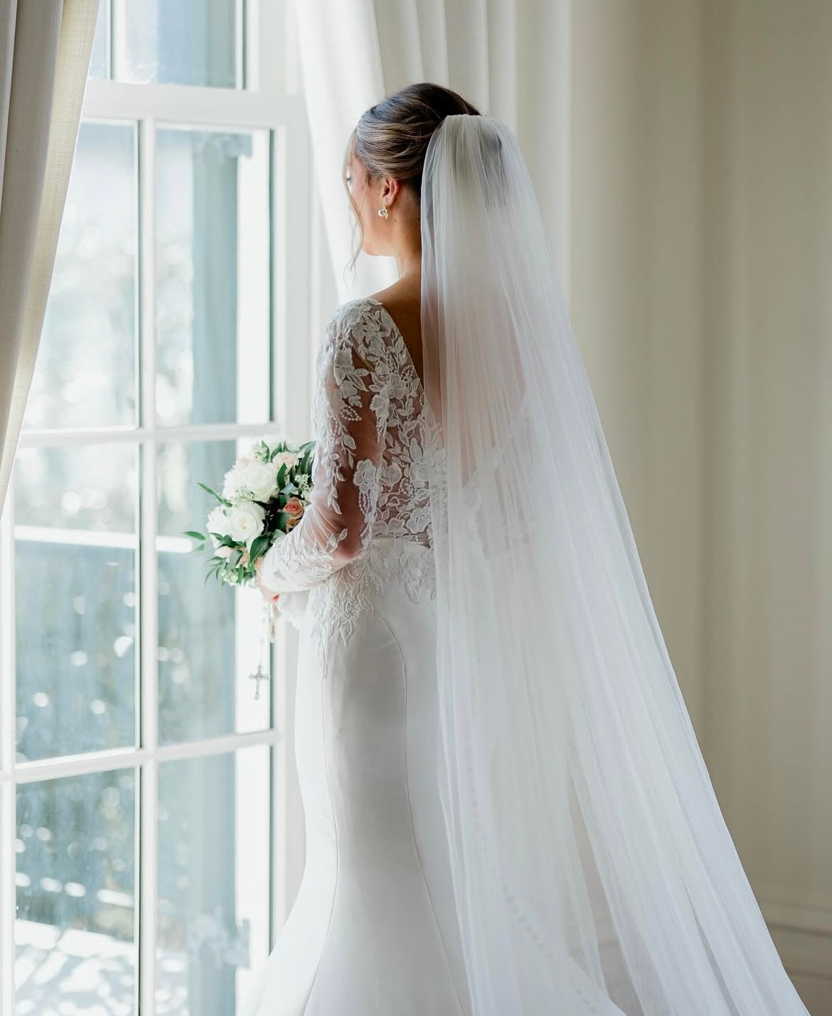 Trixie - long sleeve slim fit wedding dress with mikado bottom and lace insert in the train Trixie - long sleeve slim fit wedding dress with mikado bottom and lace insert in the train