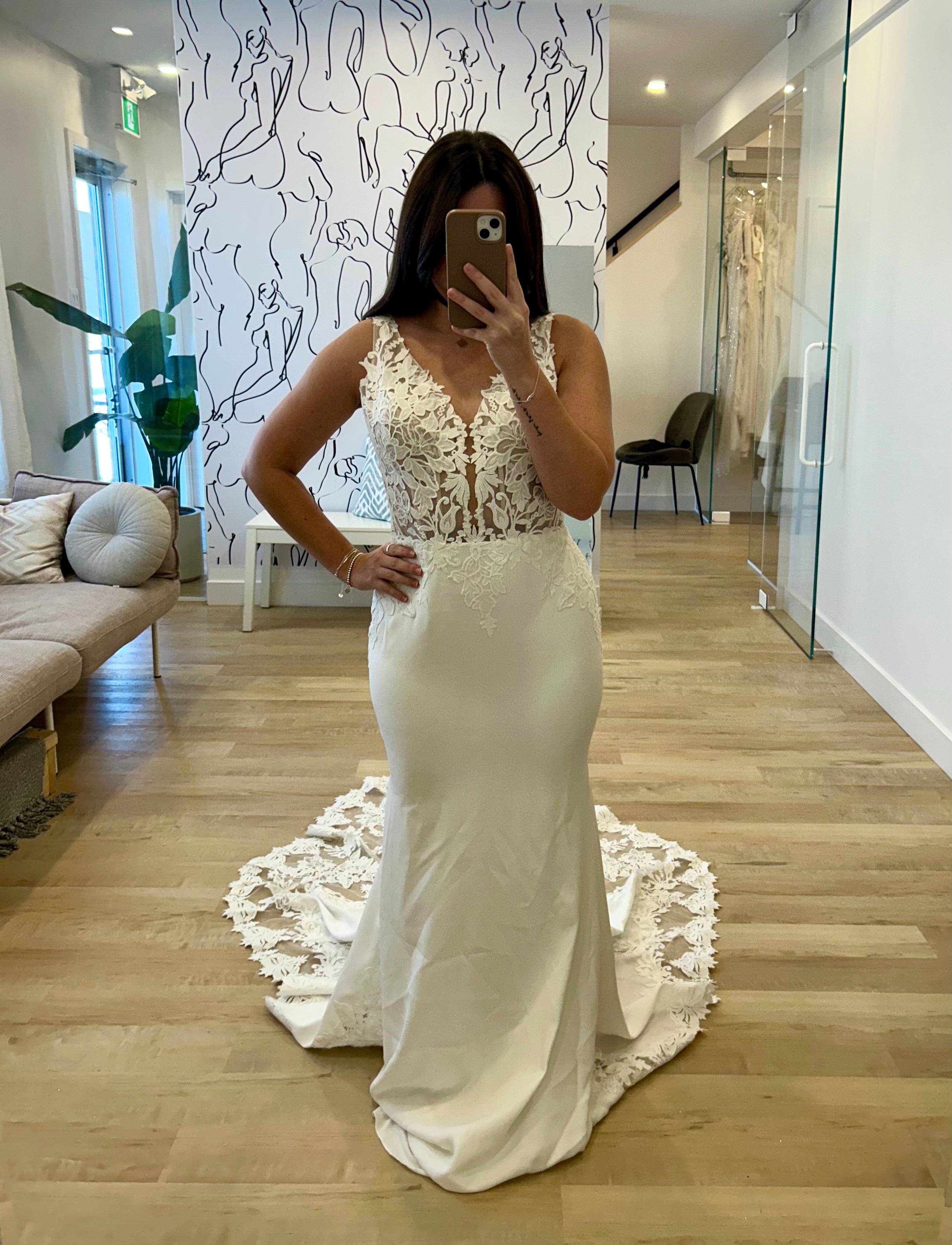 Colt - slim fit dress with luxurious beaded lace and open back with crepe bottom Colt - slim fit dress with luxurious beaded lace and open back with crepe bottom