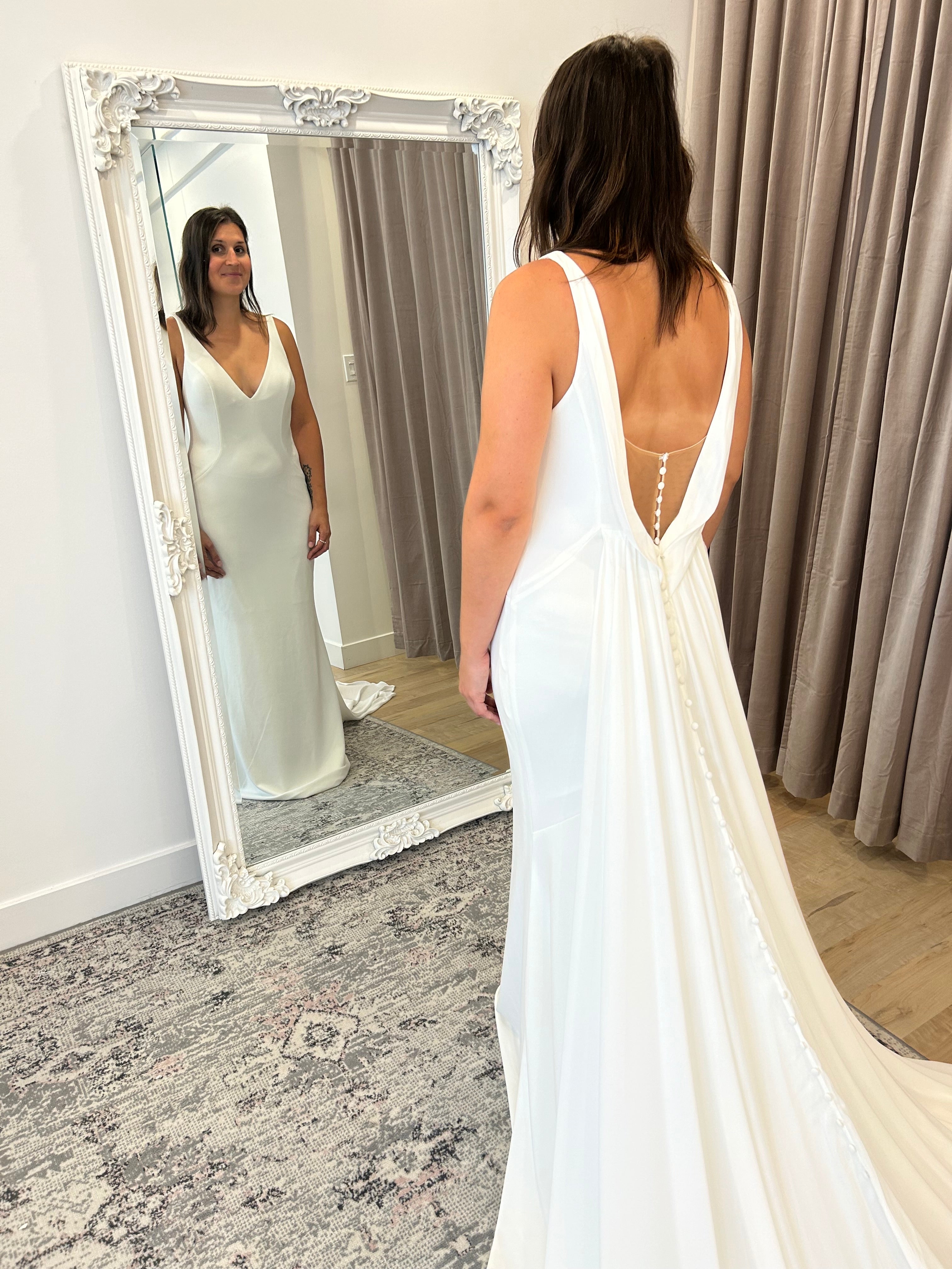 Xander - slim fit open back crepe wedding dress with chiffon train Xander - slim fit open back crepe wedding dress with chiffon train