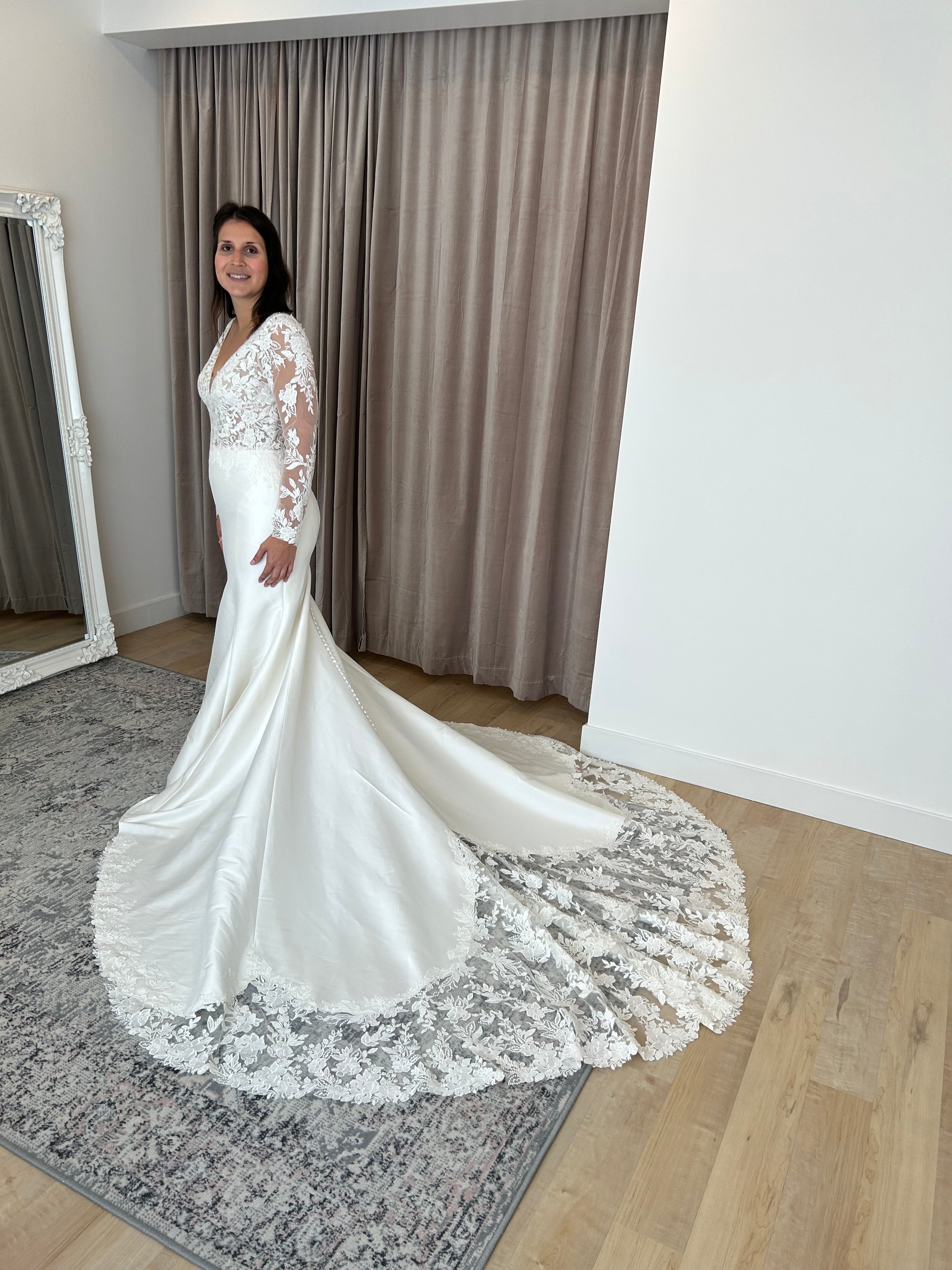 Trixie - long sleeve slim fit wedding dress with mikado bottom and lace insert in the train Trixie - long sleeve slim fit wedding dress with mikado bottom and lace insert in the train