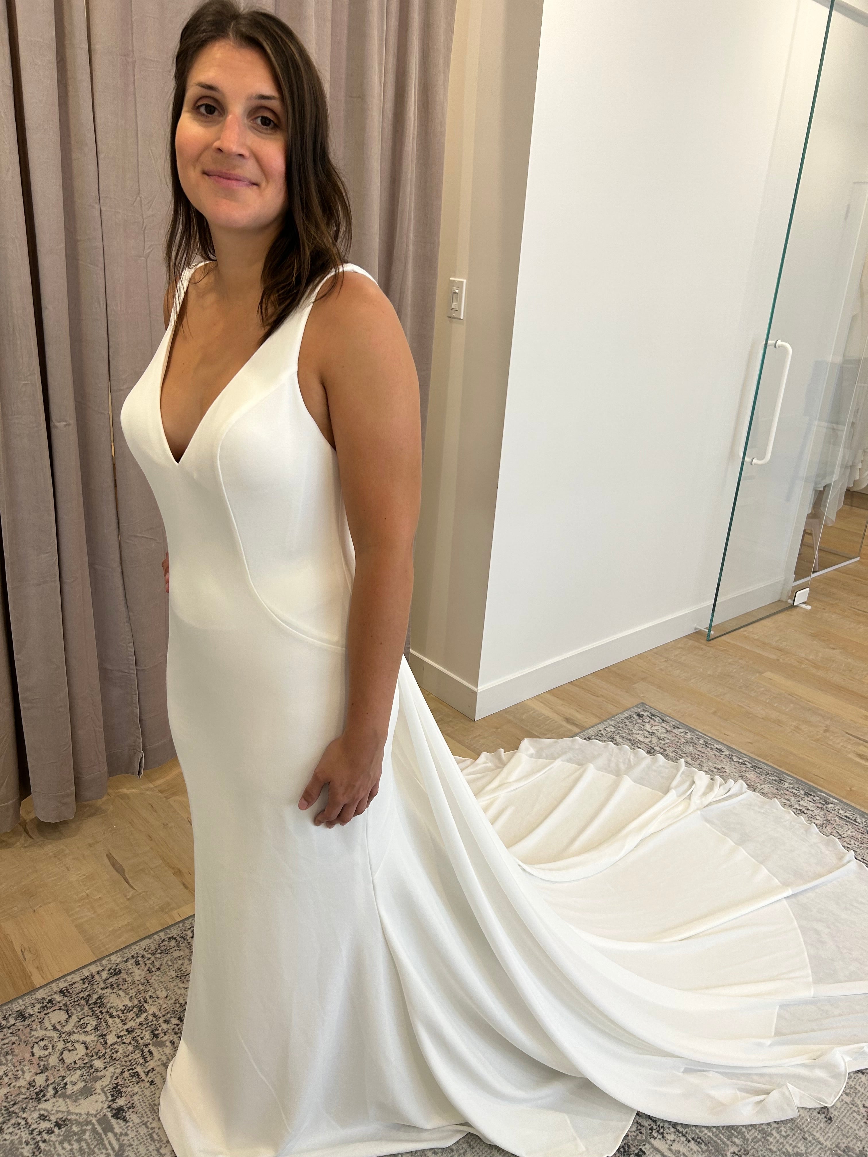 Xander - slim fit open back crepe wedding dress with chiffon train Xander - slim fit open back crepe wedding dress with chiffon train