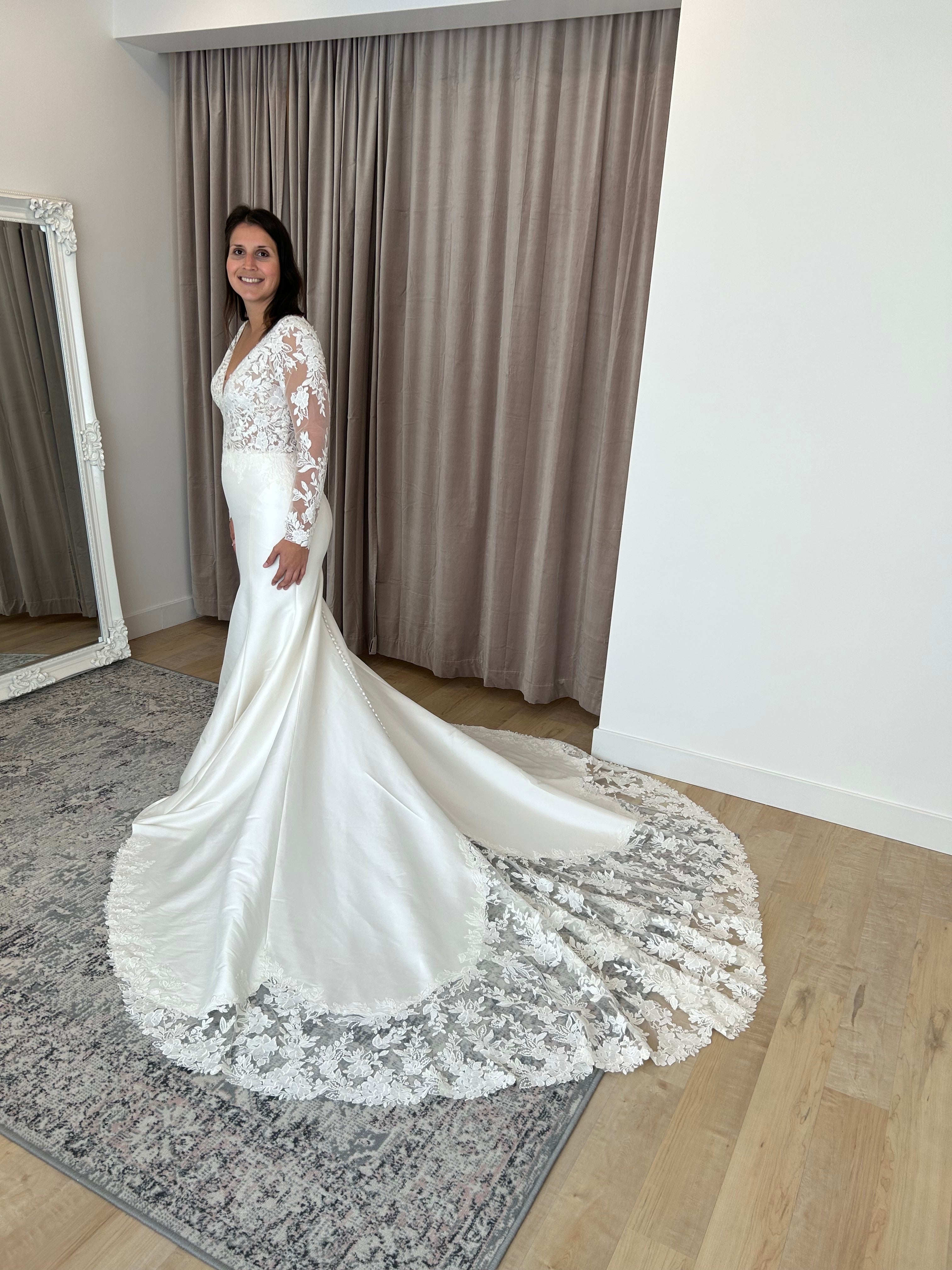 Trixie - long sleeve slim fit wedding dress with mikado bottom and lace insert in the train Trixie - long sleeve slim fit wedding dress with mikado bottom and lace insert in the train