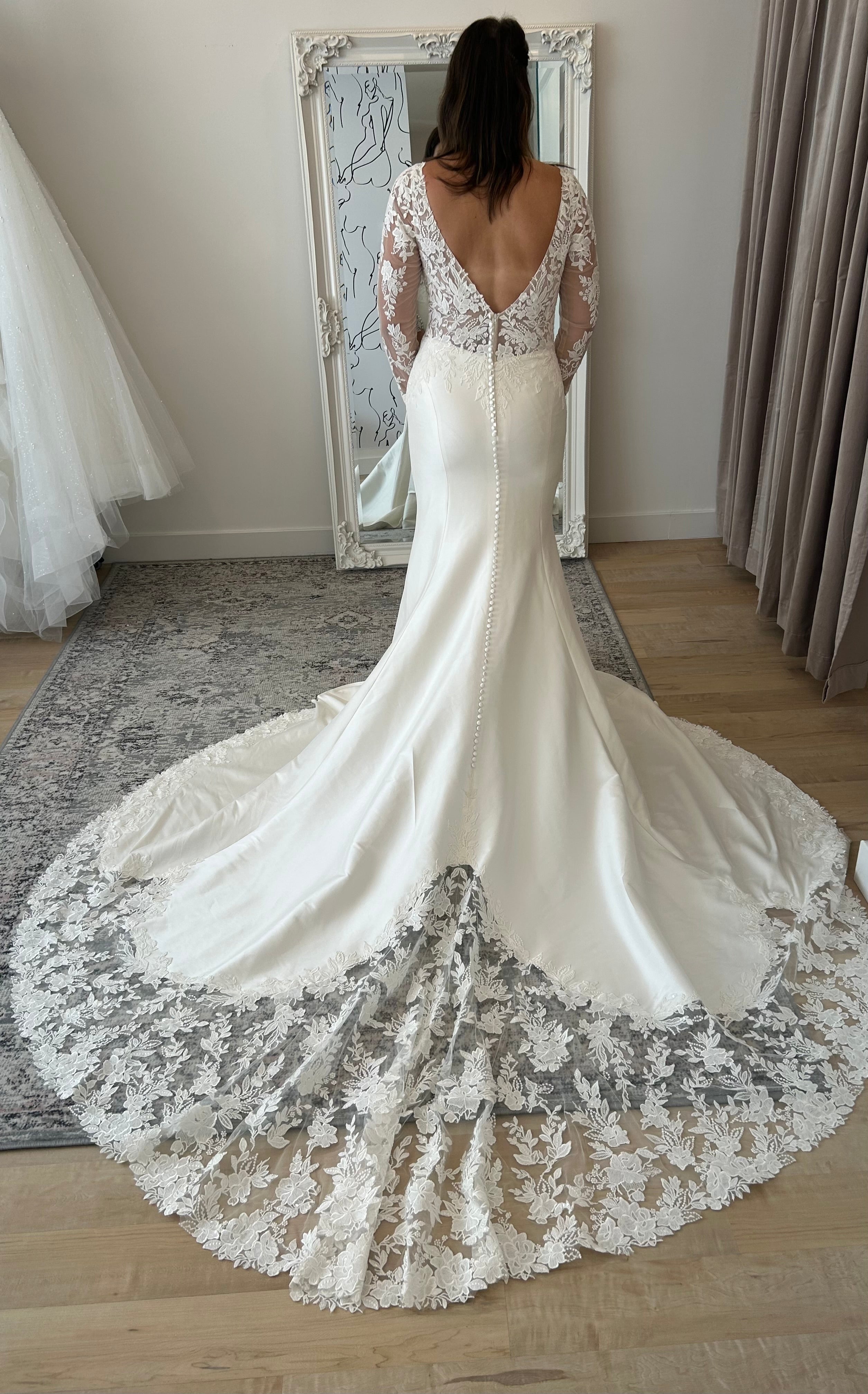 Trixie - long sleeve slim fit wedding dress with mikado bottom and lace insert in the train Trixie - long sleeve slim fit wedding dress with mikado bottom and lace insert in the train