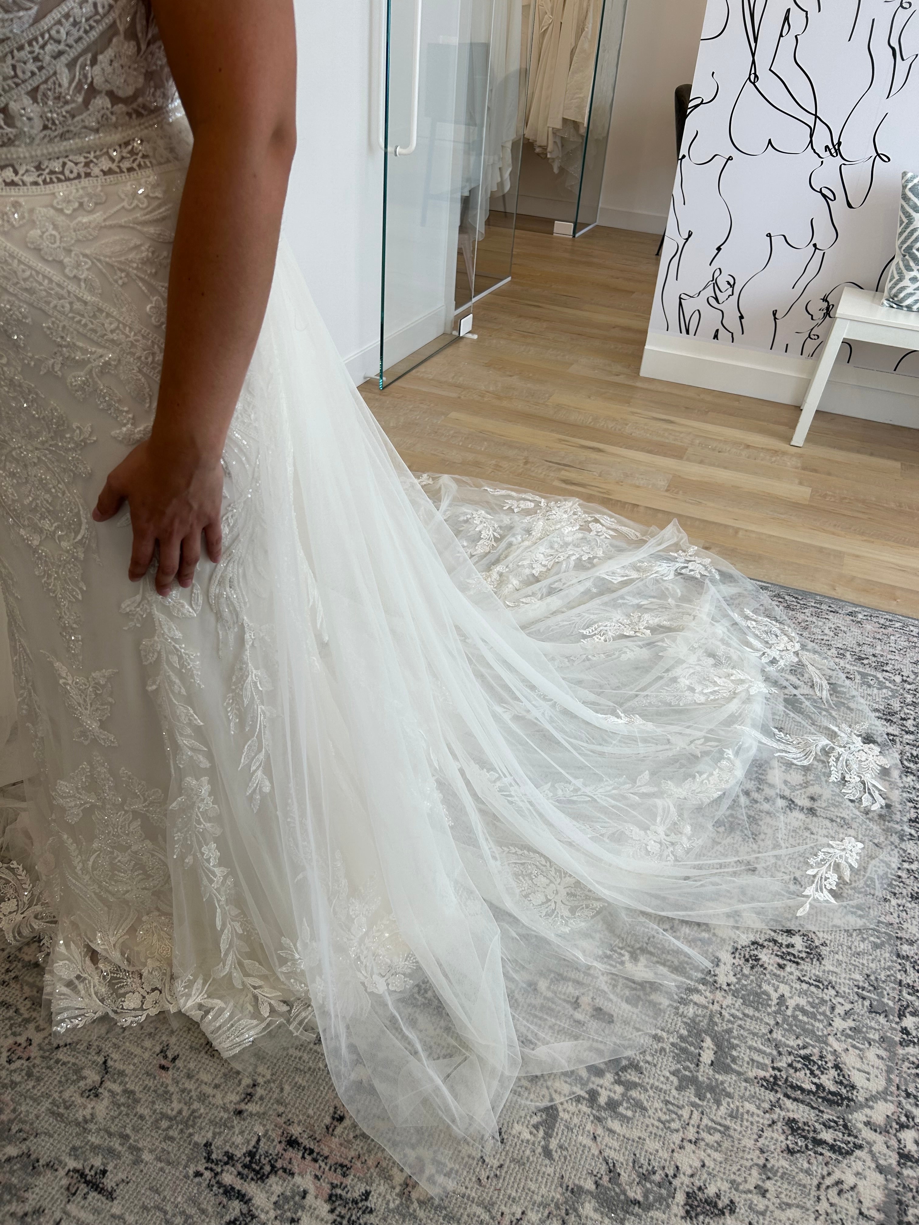 Kyle - high end boho glam inspired fitted wedding dress in luxurious lace with open back and tulle overskirt Kyle - high end boho glam inspired fitted wedding dress in luxurious lace with open back and tulle overskirt