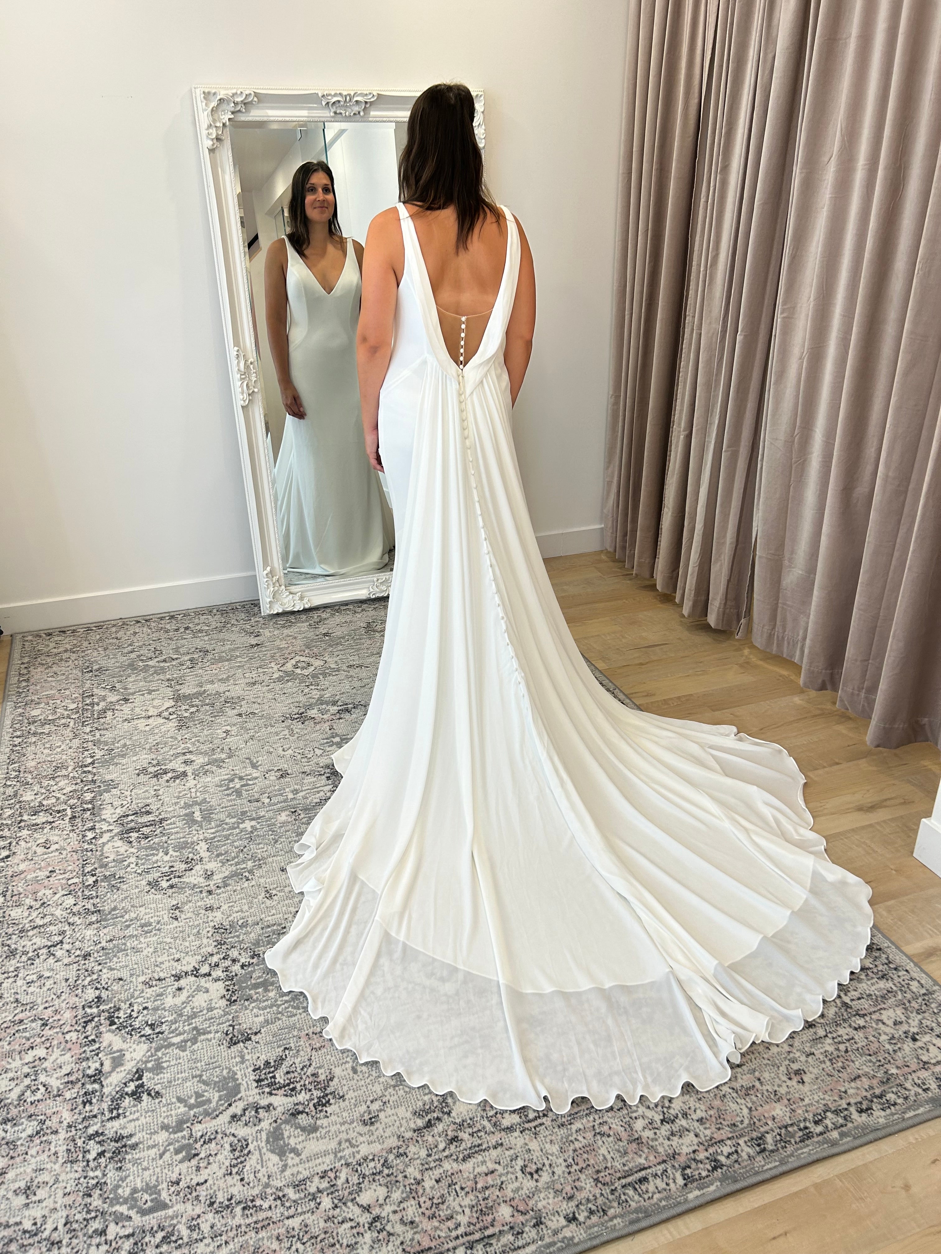 Xander - slim fit open back crepe wedding dress with chiffon train Xander - slim fit open back crepe wedding dress with chiffon train