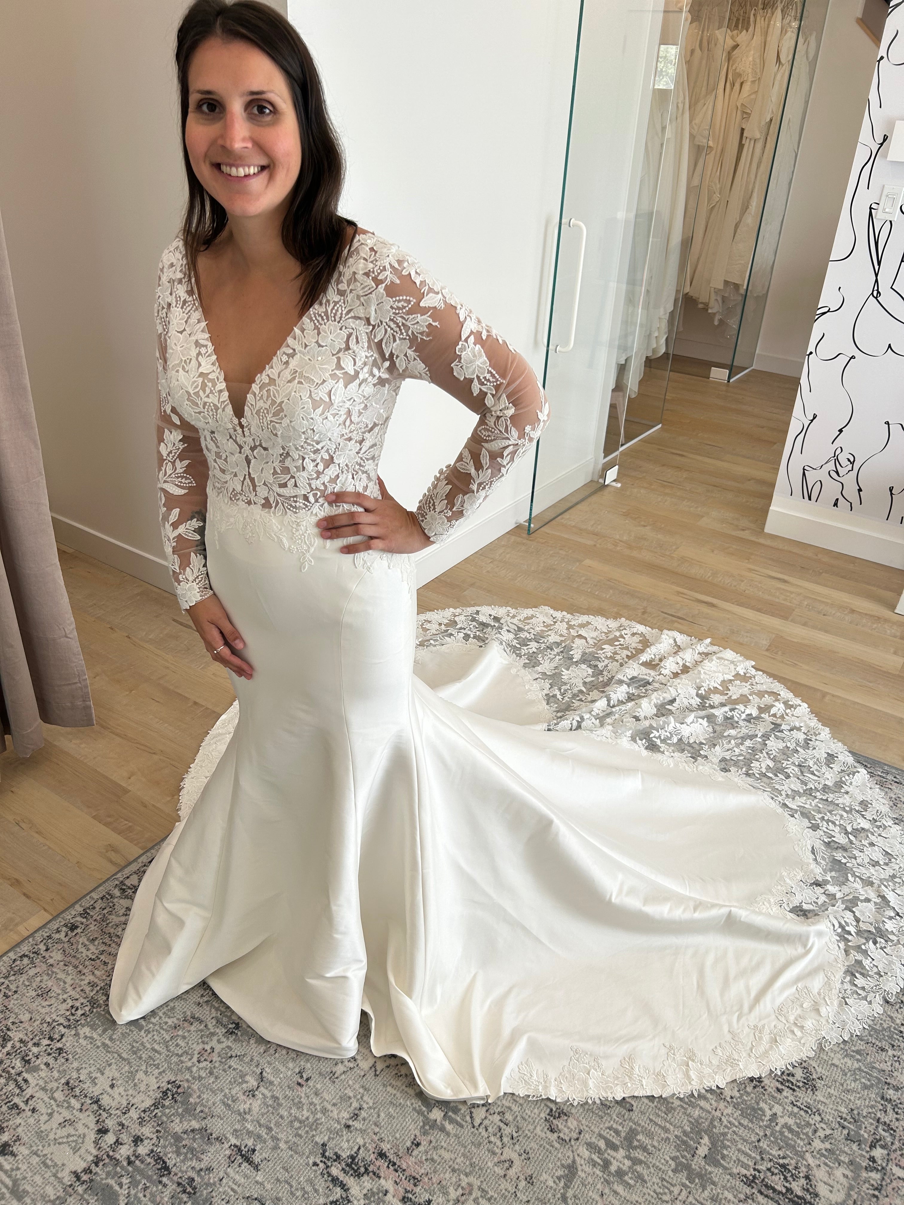 Trixie - long sleeve slim fit wedding dress with mikado bottom and lace insert in the train Trixie - long sleeve slim fit wedding dress with mikado bottom and lace insert in the train