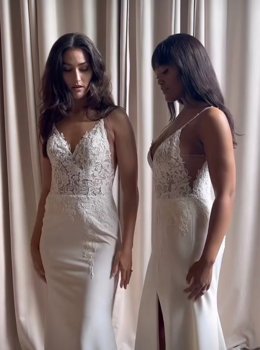 Zane - robe de mariée coupe ajustée en crêpe avec fente à la jambe à bretelles fines et dos ouvert Zane - robe de mariée coupe ajustée en crêpe avec fente à la jambe à bretelles fines et dos ouvert