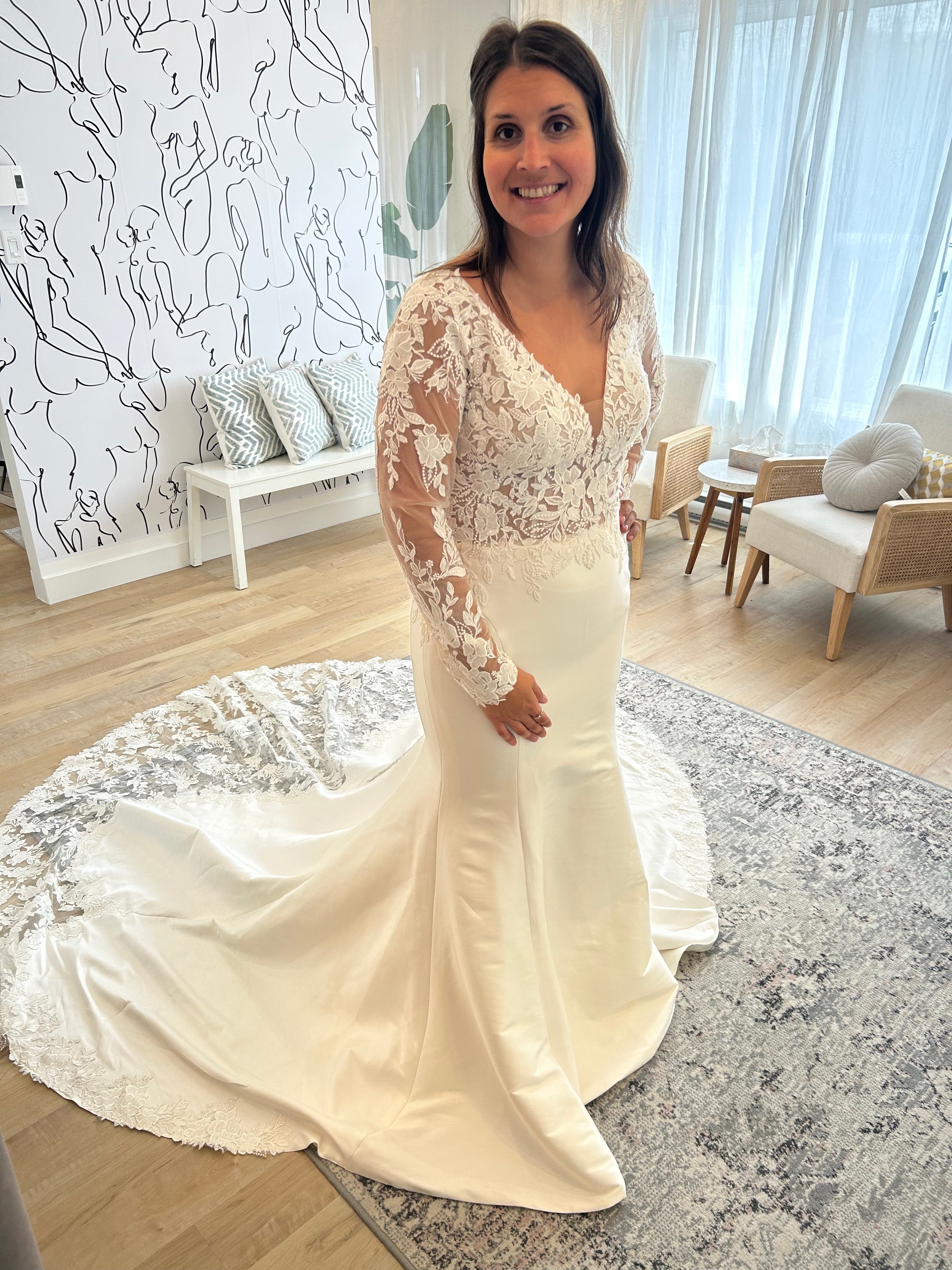 Trixie - long sleeve slim fit wedding dress with mikado bottom and lace insert in the train Trixie - long sleeve slim fit wedding dress with mikado bottom and lace insert in the train