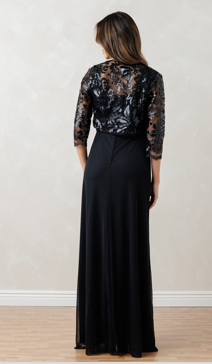 Pauline - ensemble 2 pièces avec robe de coupe droite en crêpe extensible et haut bolero en dentelle brillante Pauline - ensemble 2 pièces avec robe de coupe droite en crêpe extensible et haut bolero en dentelle brillante