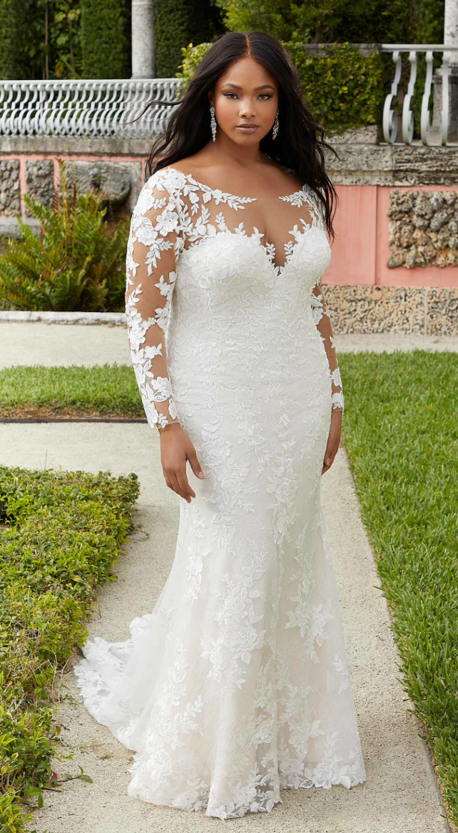 Alexie *taille plus* *échantillon taille 20W* - robe de mariée classique de coupe ajustée en dentelle avec haut illusion et manches longues Alexie *taille plus* *échantillon taille 20W* - robe de mariée classique de coupe ajustée en dentelle avec haut illusion et manches longues