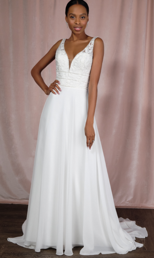 Molly *échantillon taille 26* - robe de mariée sans manches avec haut en V en dentelle de coton, jupe de chiffon et taille marquée Molly *échantillon taille 26* - robe de mariée sans manches avec haut en V en dentelle de coton, jupe de chiffon et taille marquée