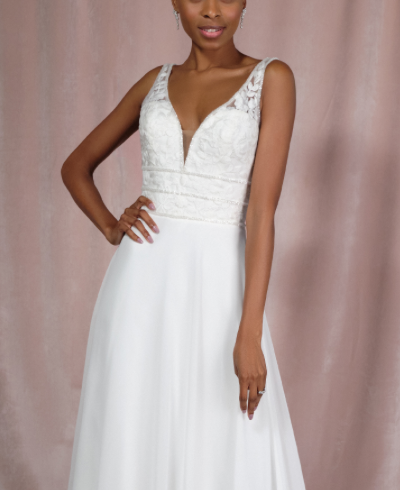 Molly *échantillon taille 26* - robe de mariée sans manches avec haut en V en dentelle de coton, jupe de chiffon et taille marquée Molly *échantillon taille 26* - robe de mariée sans manches avec haut en V en dentelle de coton, jupe de chiffon et taille marquée