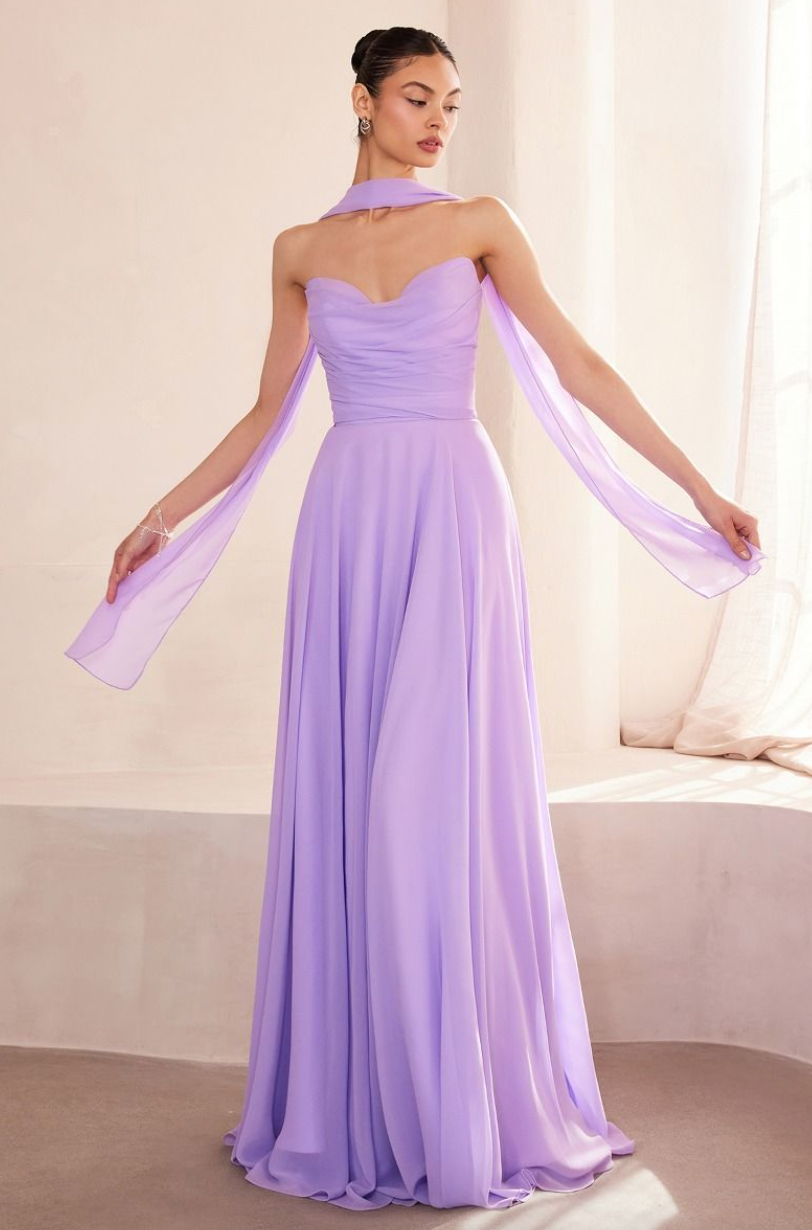 Magnus - robe longue en chiffon sans bretelles avec dos lacé, avec châle Magnus - robe longue en chiffon sans bretelles avec dos lacé, avec châle