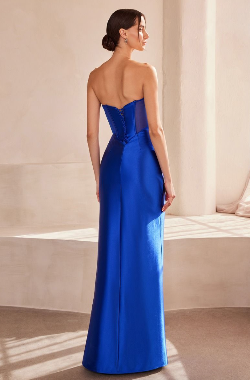 Jade - robe longue en jersey satiné avec corset, dos lacé et jambe fendue Jade - robe longue en jersey satiné avec corset, dos lacé et jambe fendue