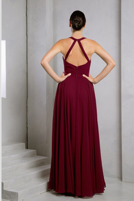 Katia - robe longue à encolure haute avec dos ouvert et panneaux translucides sur le côté