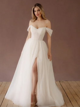 *EXCLUSIVITÉ * Infinity - robe de mariée romantique en tulle à bustier plissé, manches off shoulders et fente à la jambe