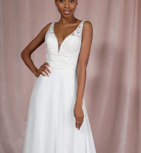 Molly *échantillon taille 26* - robe de mariée sans manches avec haut en V en dentelle de coton, jupe de chiffon et taille marquée Molly *échantillon taille 26* - robe de mariée sans manches avec haut en V en dentelle de coton, jupe de chiffon et taille marquée