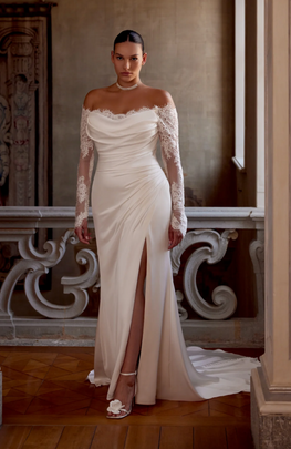 Elsabeth - robe de mariée haut de gamme ajustée en satin extensible avec détails de dentelle au buste et manches de style gants