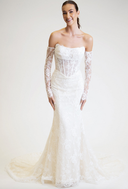 *EXCLUSIVITÉ* Daxia - robe de mariée moderne avec haut corset sans bretelle en dentelle non perlé et gants de dentelle