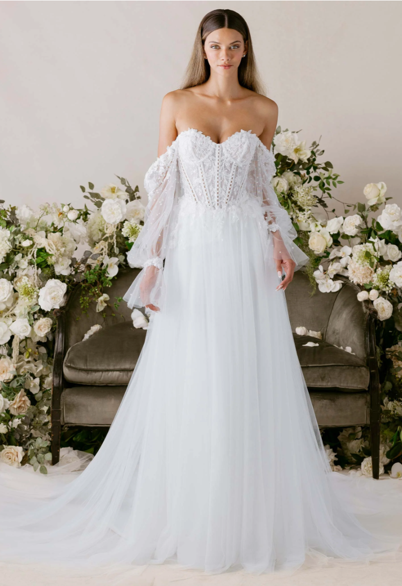 Laidey - robe de mariée moderne transformable avec haut corset sans bretelle en dentelle et perles avec jupe et manches amovibles Laidey - robe de mariée moderne transformable avec haut corset sans bretelle en dentelle et perles avec jupe et manches amovibles