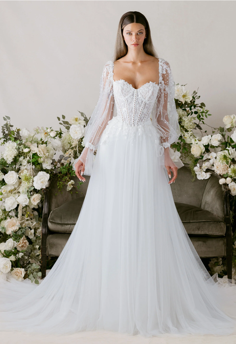 Laidey - robe de mariée moderne transformable avec haut corset sans bretelle en dentelle et perles avec jupe et manches amovibles Laidey - robe de mariée moderne transformable avec haut corset sans bretelle en dentelle et perles avec jupe et manches amovibles