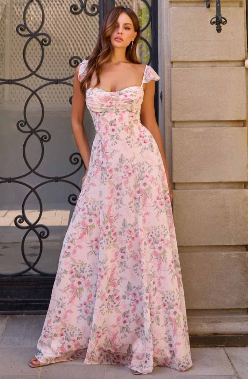 Flore - robe longue en chiffon à tissu fleuri avec dos lacé Flore - robe longue en chiffon à tissu fleuri avec dos lacé