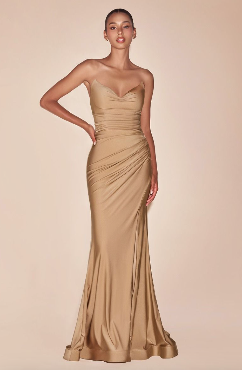 Serena - robe longue en tissus jersey satiné avec bustier sans bretelle et dos lacé Serena - robe longue en tissus jersey satiné avec bustier sans bretelle et dos lacé
