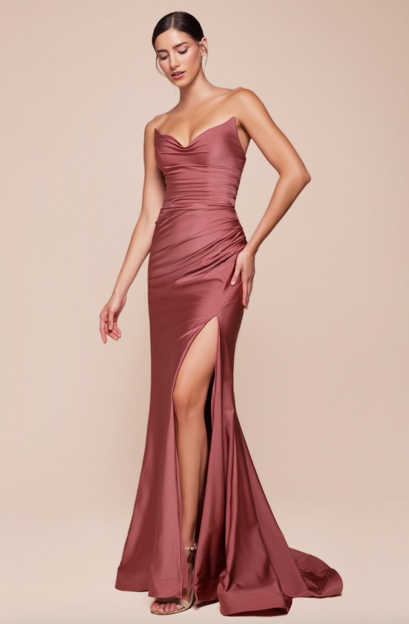 Serena - robe longue en tissus jersey satiné avec bustier sans bretelle et dos lacé Serena - robe longue en tissus jersey satiné avec bustier sans bretelle et dos lacé