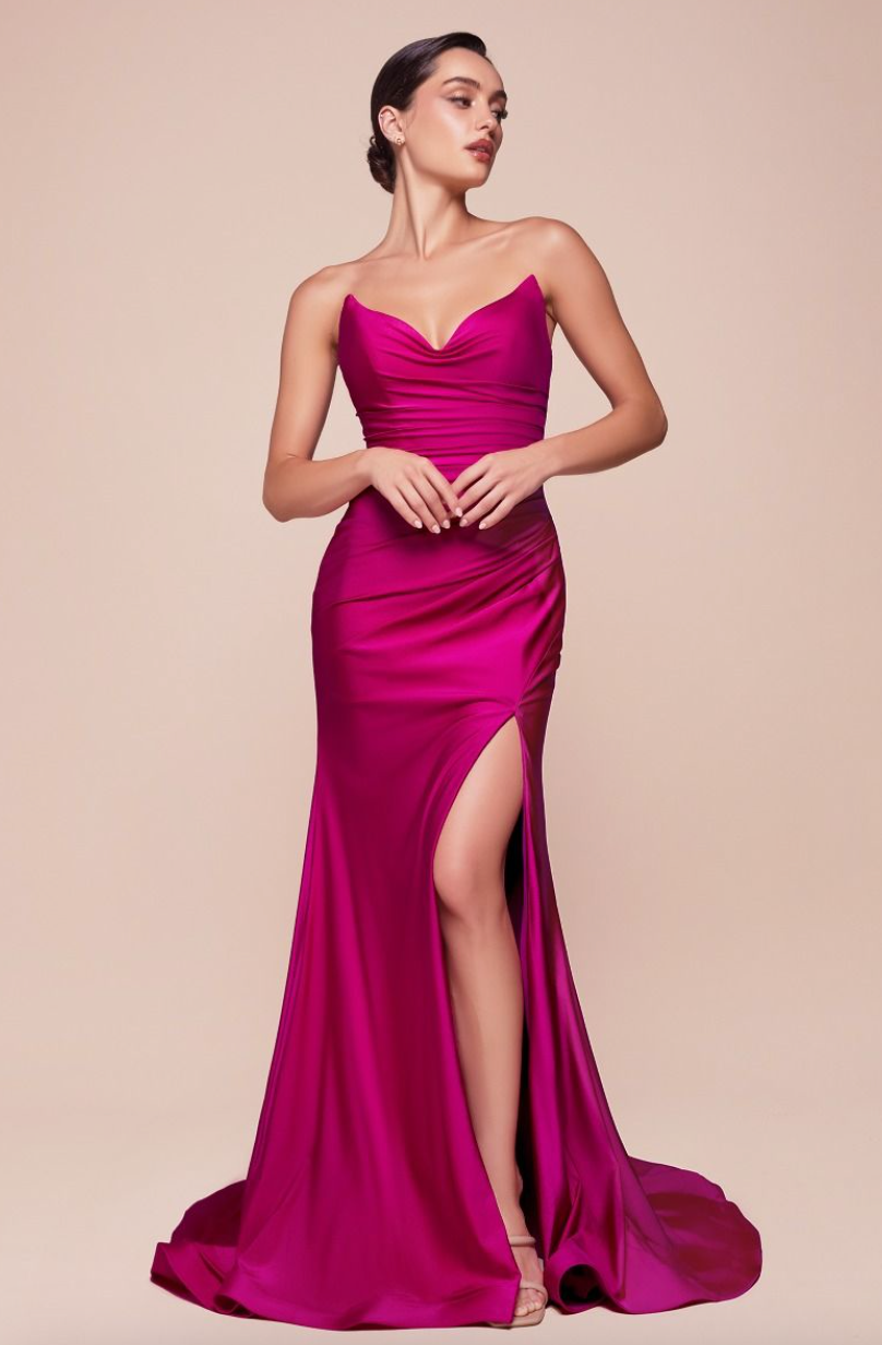 Serena - robe longue en tissus jersey satiné avec bustier sans bretelle et dos lacé Serena - robe longue en tissus jersey satiné avec bustier sans bretelle et dos lacé