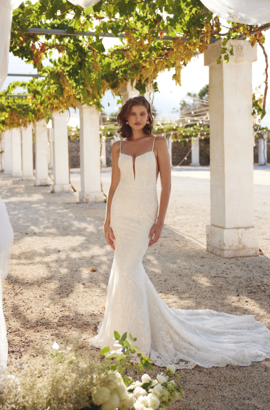 Priscilla - robe de mariée coupe ajustée en dentelle haut de gamme non perlée avec encolure droite à détail plongeant Priscilla - robe de mariée coupe ajustée en dentelle haut de gamme non perlée avec encolure droite à détail plongeant