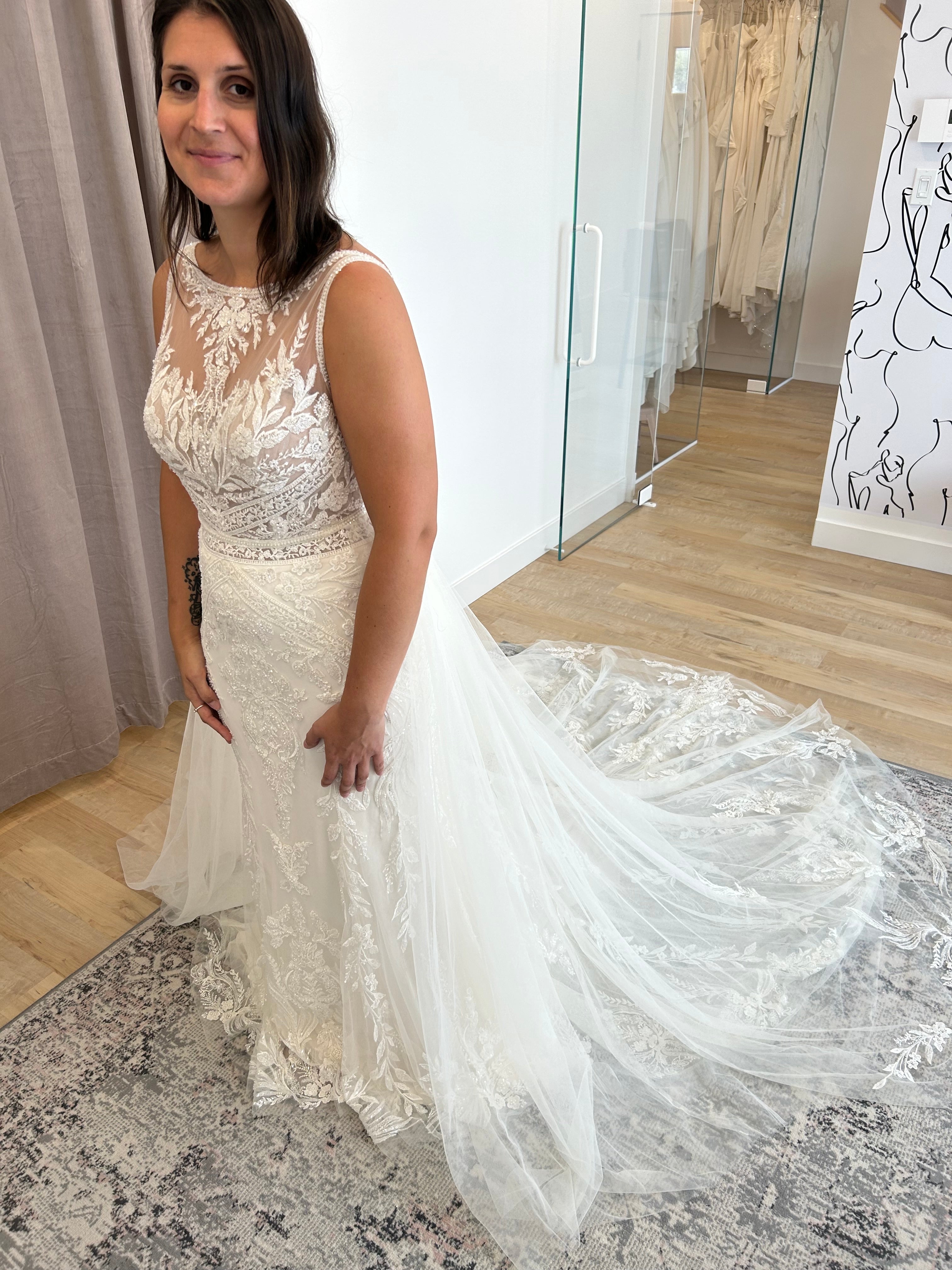 Kyle - high end boho glam inspired fitted wedding dress in luxurious lace with open back and tulle overskirt Kyle - high end boho glam inspired fitted wedding dress in luxurious lace with open back and tulle overskirt