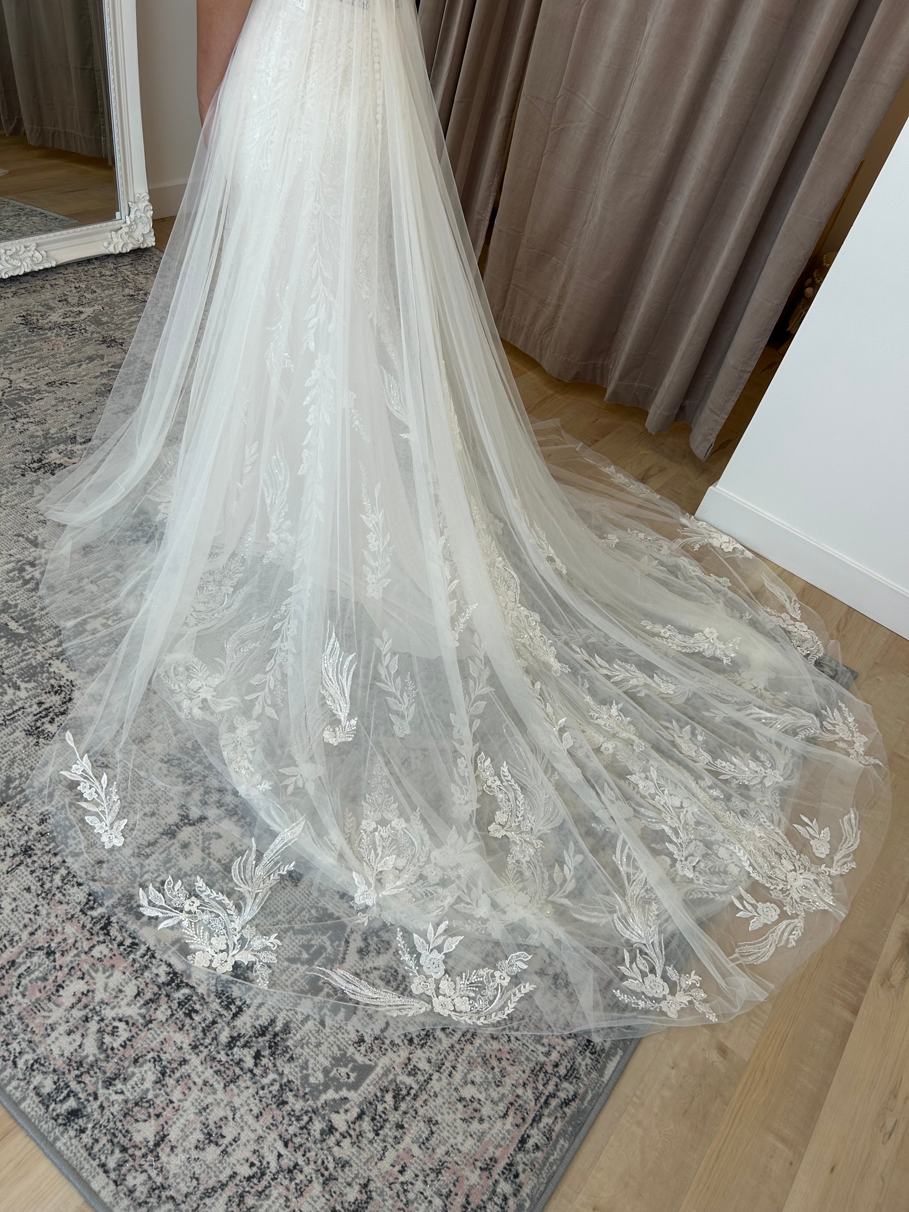 Kyle - high end boho glam inspired fitted wedding dress in luxurious lace with open back and tulle overskirt Kyle - high end boho glam inspired fitted wedding dress in luxurious lace with open back and tulle overskirt
