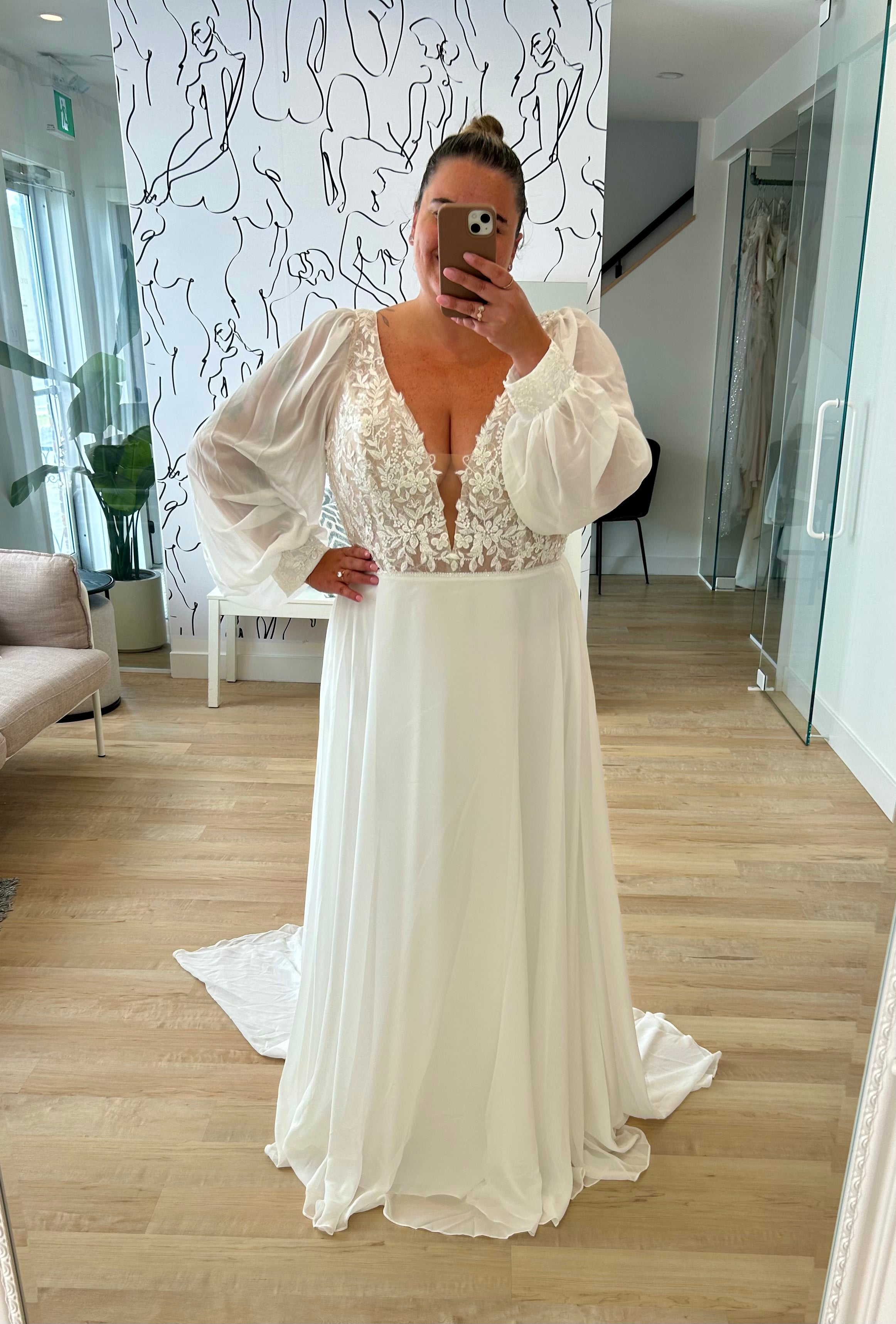 Fancy - wedding dress with long chiffon puff sleeves, lace top, open back and chiffon skirt Fancy - wedding dress with long chiffon puff sleeves, lace top, open back and chiffon skirt