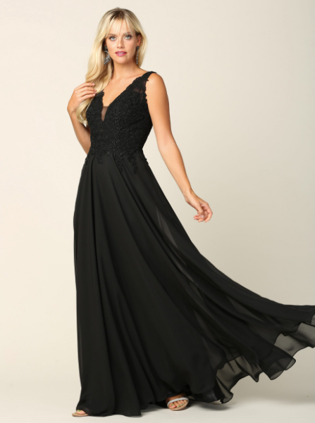 Darlyn - robe longue sans manche avec haut en dentelle non perlée et jupe de chiffon Darlyn - robe longue sans manche avec haut en dentelle non perlée et jupe de chiffon