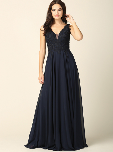 Darlyn - robe longue sans manche avec haut en dentelle non perlée et jupe de chiffon Darlyn - robe longue sans manche avec haut en dentelle non perlée et jupe de chiffon