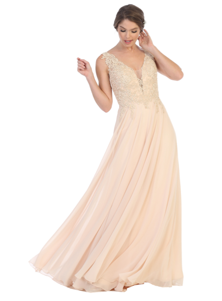 Darlyn - robe longue sans manche avec haut en dentelle non perlée et jupe de chiffon Darlyn - robe longue sans manche avec haut en dentelle non perlée et jupe de chiffon