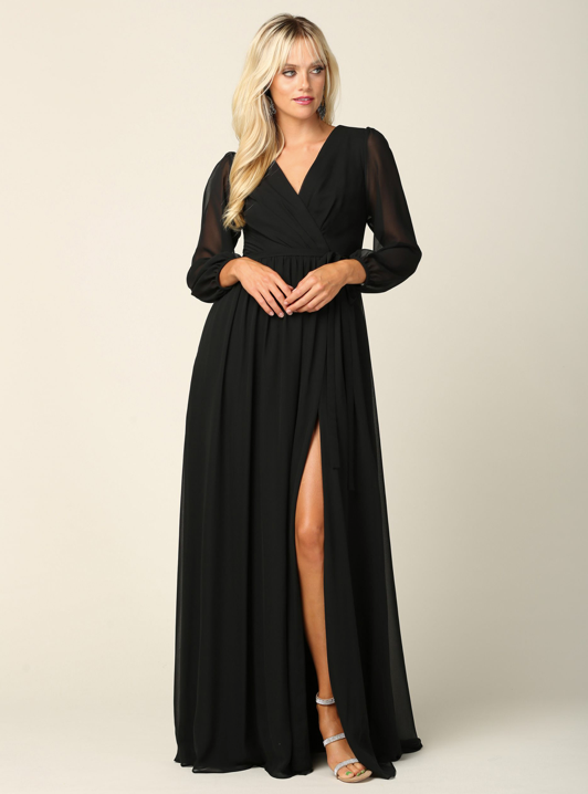 Adaxia - long chiffon dress with neckline with translucent 3/4 sleeves Adaxia - long chiffon dress with neckline with translucent 3/4 sleeves