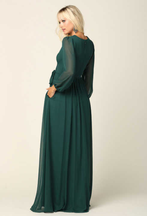Adaxia - long chiffon dress with neckline with translucent 3/4 sleeves Adaxia - long chiffon dress with neckline with translucent 3/4 sleeves