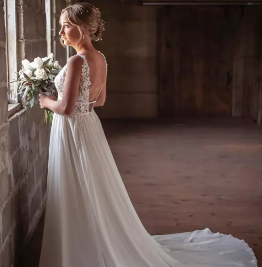 Cedar - sleeveless minimalist wedding dress with non-beaded cotton lace V-top and illusion neckline Cedar - sleeveless minimalist wedding dress with non-beaded cotton lace V-top and illusion neckline