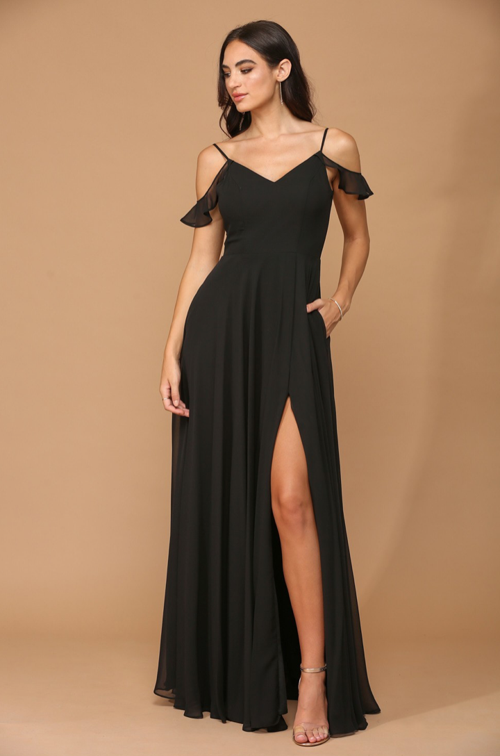 Moxy - Robe longue à fines bretelles et volants off shoulders Moxy - Robe longue à fines bretelles et volants off shoulders