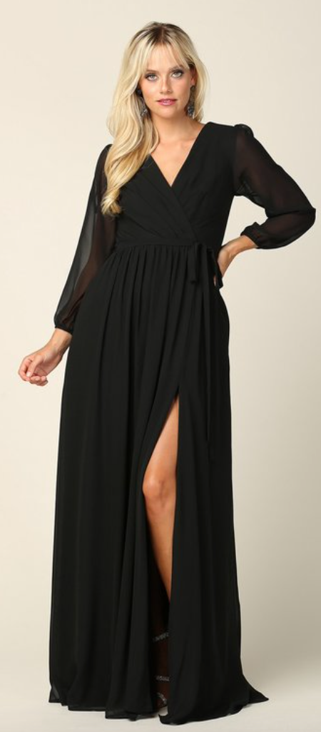 Adaxia - long chiffon dress with neckline with translucent 3/4 sleeves Adaxia - long chiffon dress with neckline with translucent 3/4 sleeves
