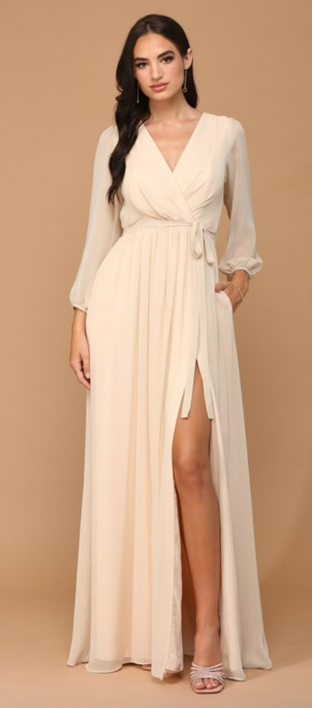 Adaxia - long chiffon dress with neckline with translucent 3/4 sleeves Adaxia - long chiffon dress with neckline with translucent 3/4 sleeves