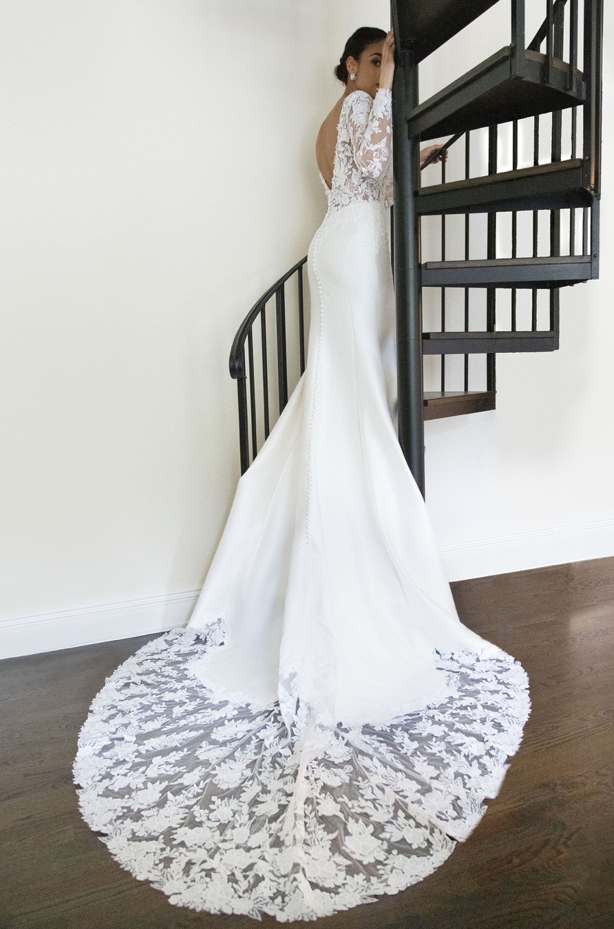 Trixie - long sleeve slim fit wedding dress with mikado bottom and lace insert in the train Trixie - long sleeve slim fit wedding dress with mikado bottom and lace insert in the train