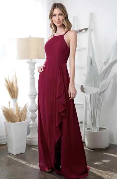 Sissy - Robe longue simple, col haut et jupe avec fente en cascade Sissy - Robe longue simple, col haut et jupe avec fente en cascade