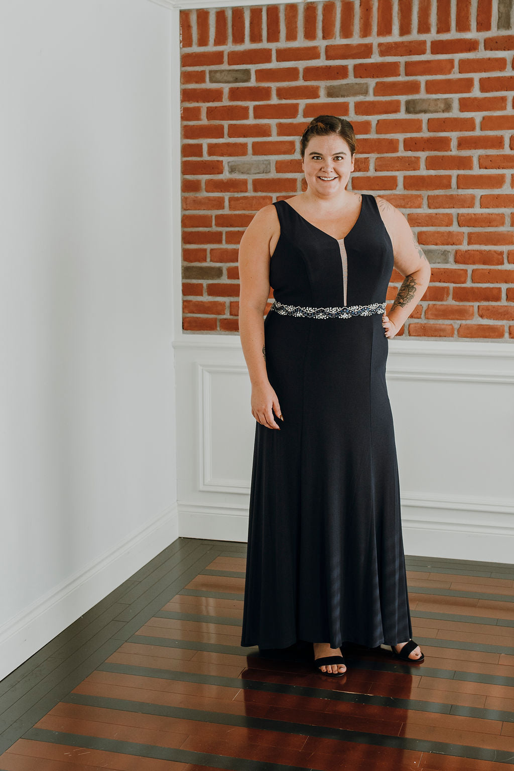 Kayden - straight fit sleeveless stretch jersey dress with illusion neckline with beaded belt Kayden - straight fit sleeveless stretch jersey dress with illusion neckline with beaded belt