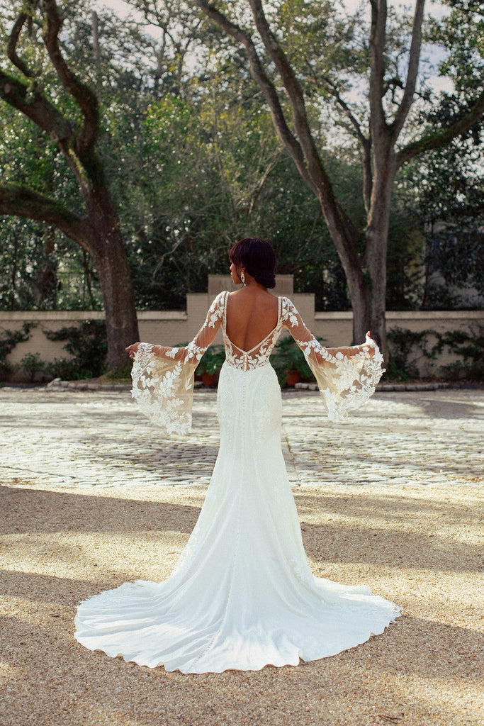 Bender *plus size* sample size 20 - fitted stretch crepe wedding dress with  lightweight tulle bell sleeves and open back