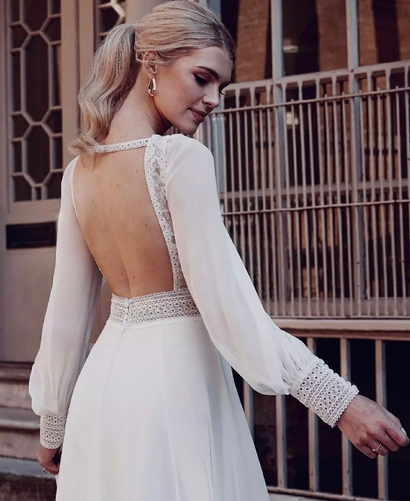 Fancy - wedding dress with long chiffon puff sleeves, lace top, open back and chiffon skirt Fancy - wedding dress with long chiffon puff sleeves, lace top, open back and chiffon skirt