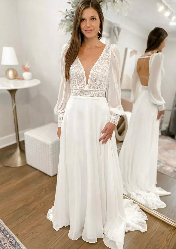 Fancy - wedding dress with long chiffon puff sleeves, lace top, open back and chiffon skirt Fancy - wedding dress with long chiffon puff sleeves, lace top, open back and chiffon skirt