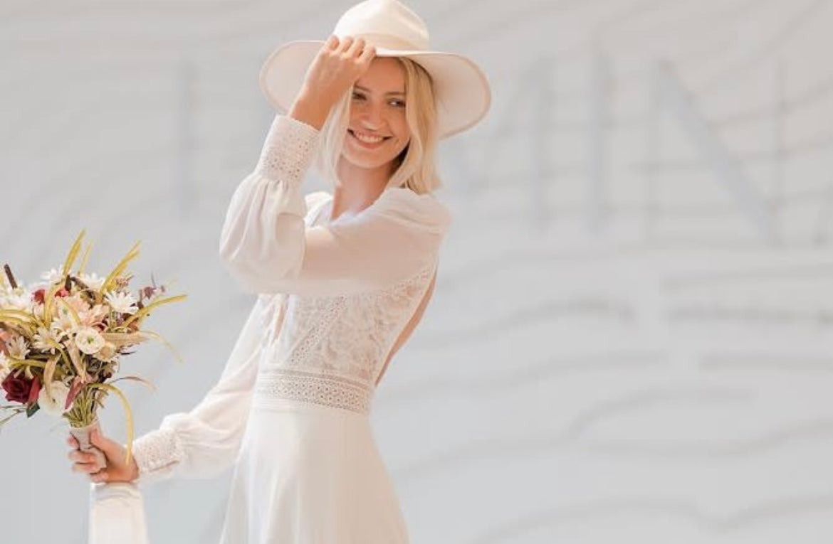 Fancy - wedding dress with long chiffon puff sleeves, lace top, open back and chiffon skirt Fancy - wedding dress with long chiffon puff sleeves, lace top, open back and chiffon skirt